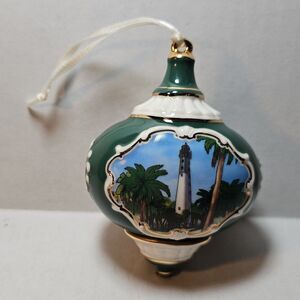 Collectible Christmas Ornament Painting of a Lighthouse Green Ornate Rare
